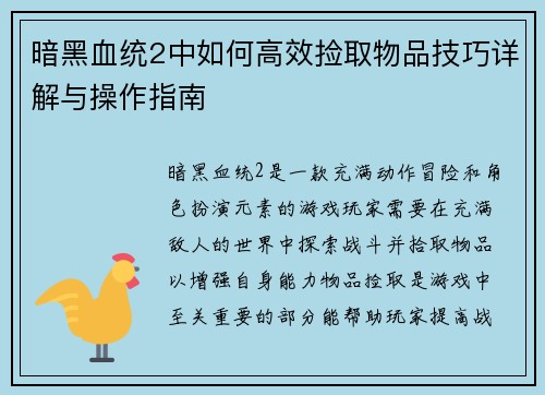 暗黑血统2中如何高效捡取物品技巧详解与操作指南